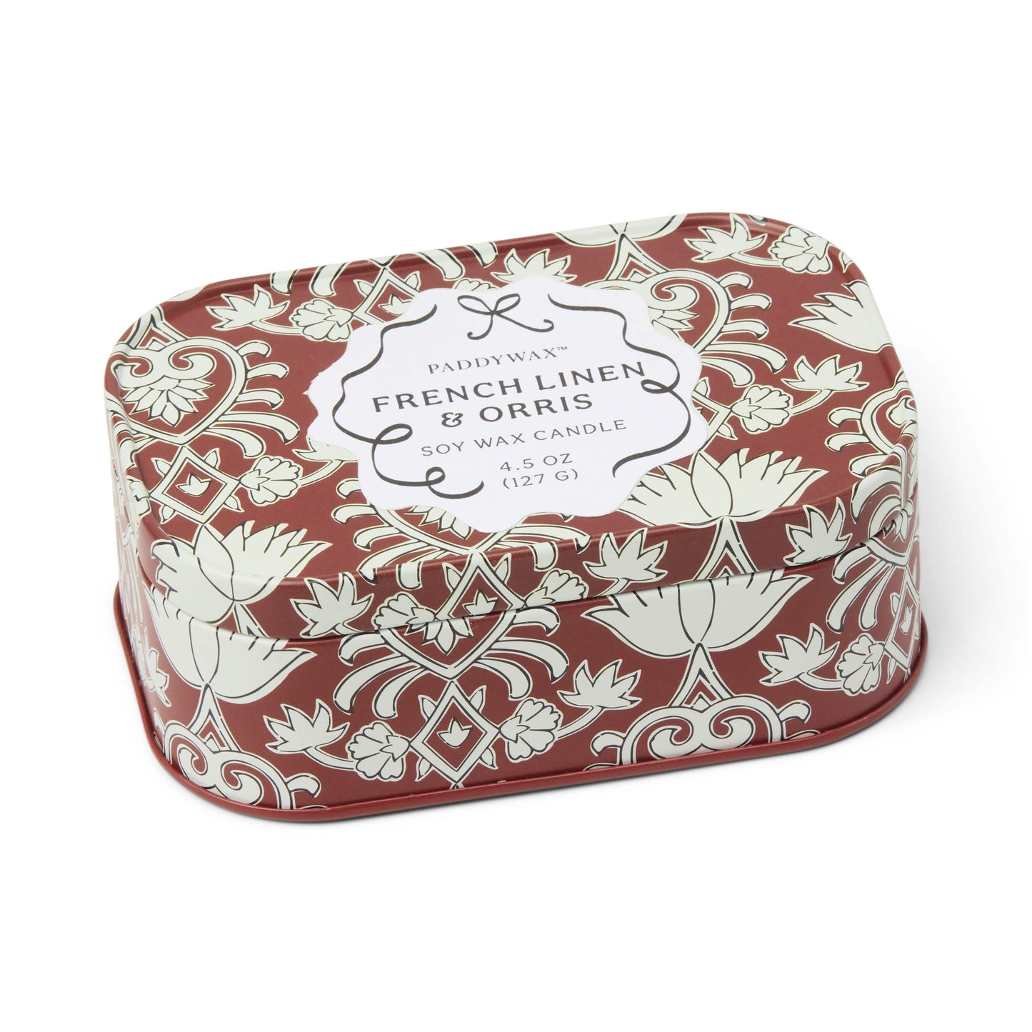 Printed tin candle - 4.5 oz - crimson & cream - french linen & orris | Paddywax