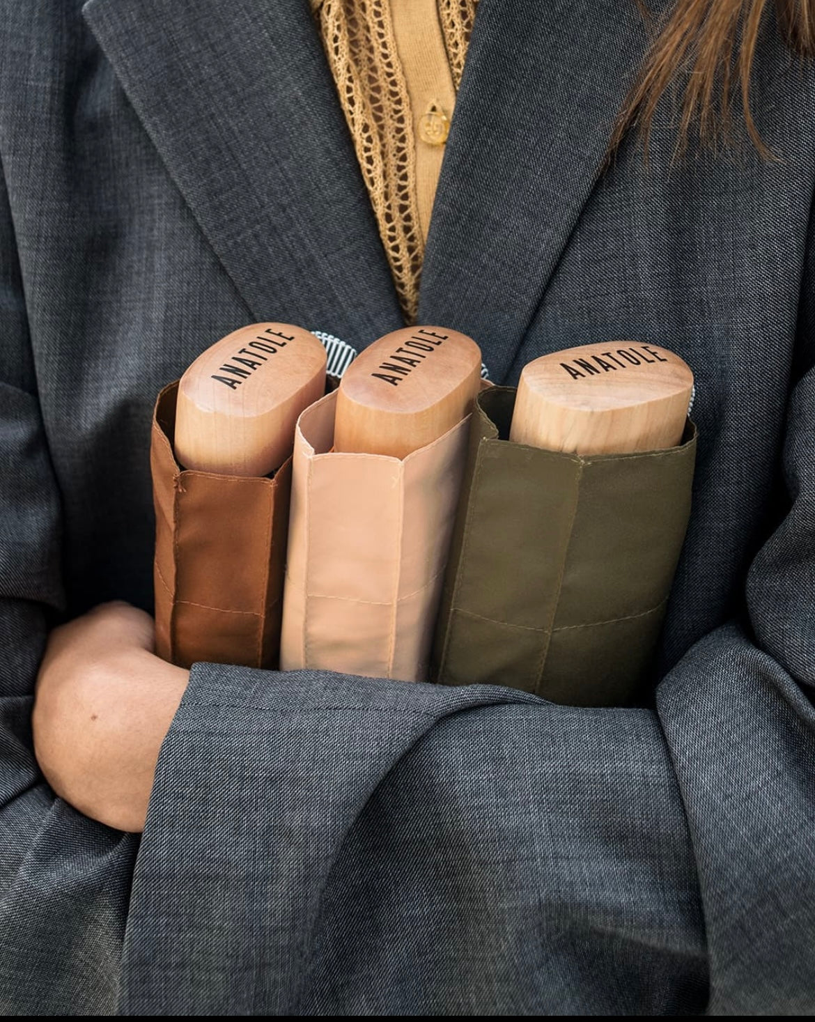 Compacte paraplu - zwart / khaki | Anatole