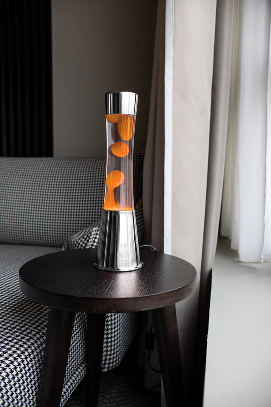 Orange lava lamp - chrome base - transparent liquid - 40 cm | Fisura - de inKijk