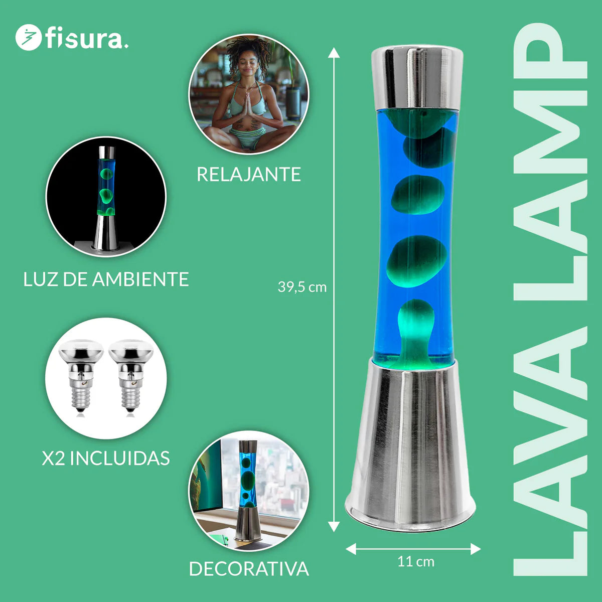 Green lava lamp - chrome base - blue liquid - 40 cm | Fisura - de inKijk