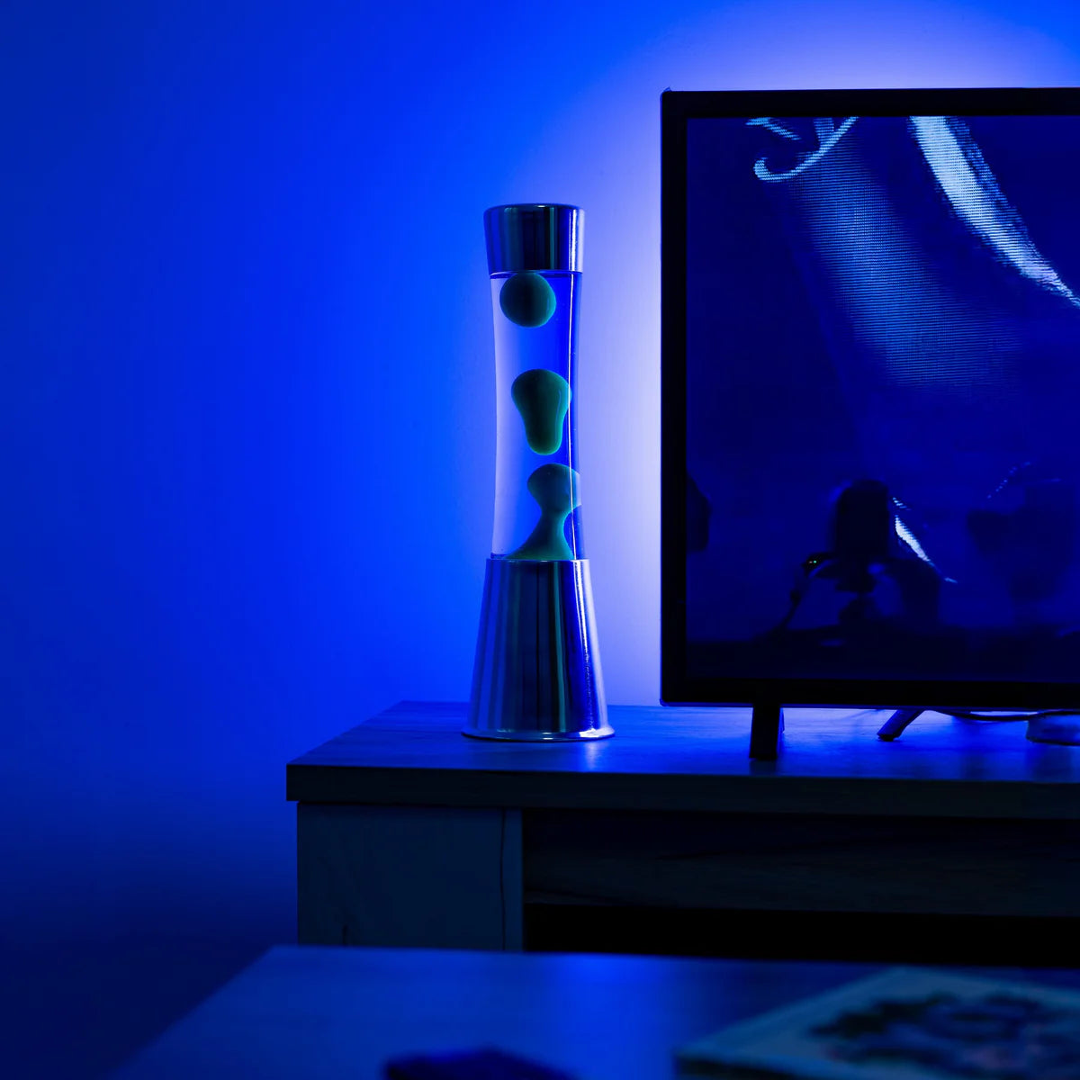 Green lava lamp - chrome base - blue liquid - 40 cm | Fisura - de inKijk