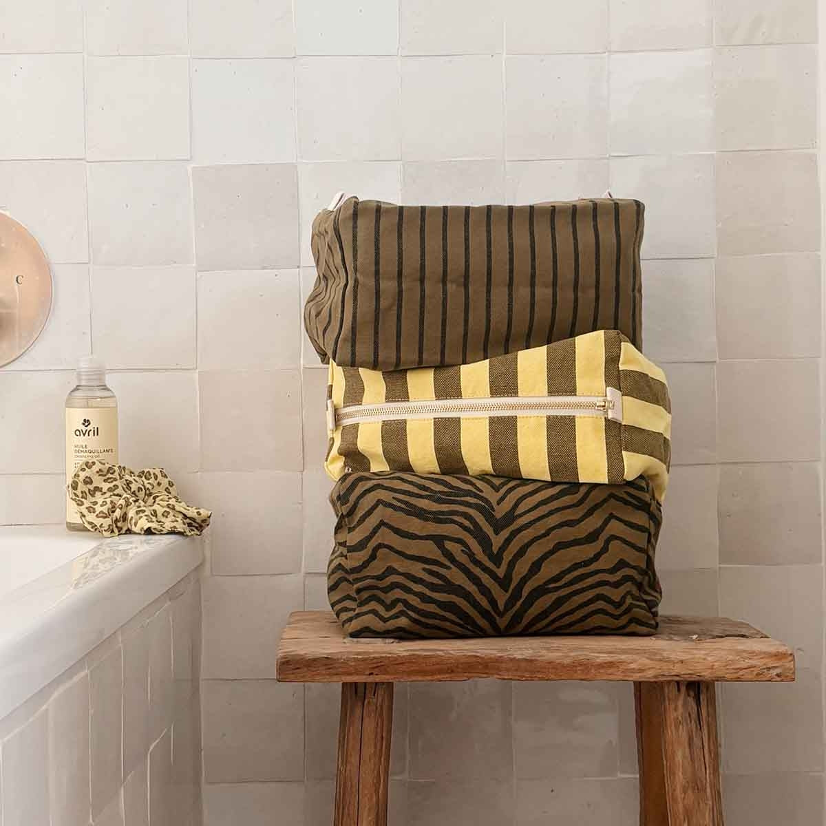 Wash bag - Vic - Lemon / Olive Stripes | Rose in April