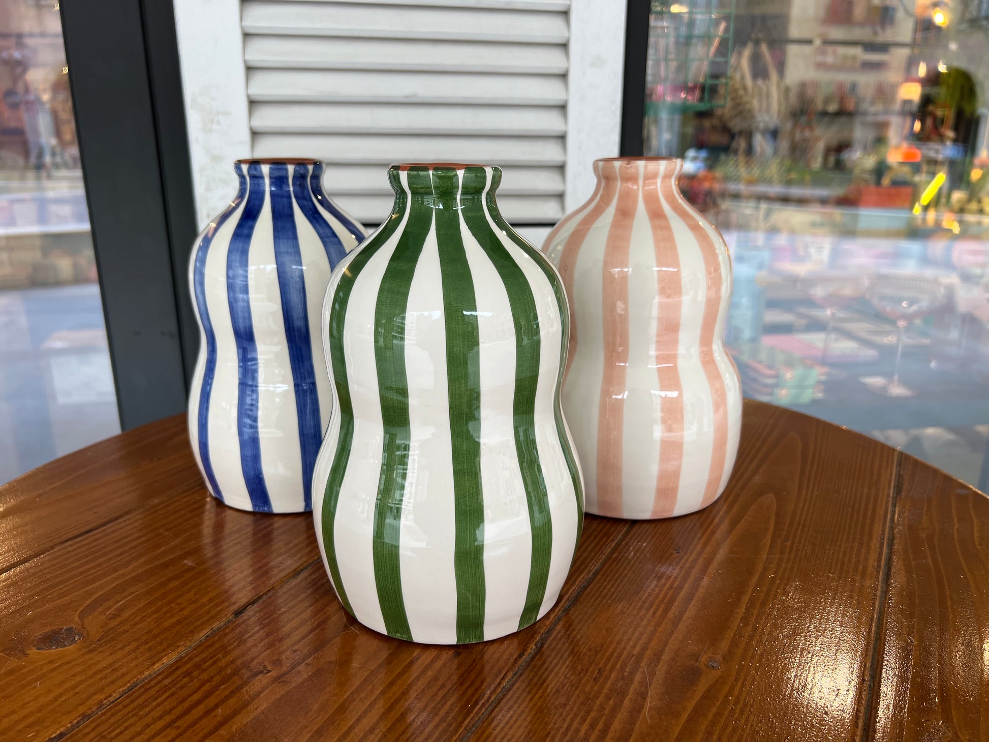 Bold stripe - large gourd vase - blue/dark green/terracotta | Casa Cubista - de inKijk