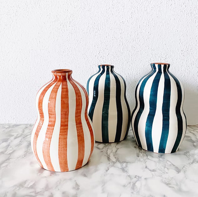 Bold stripe - large gourd vase - blue/dark green/terracotta | Casa Cubista - de inKijk