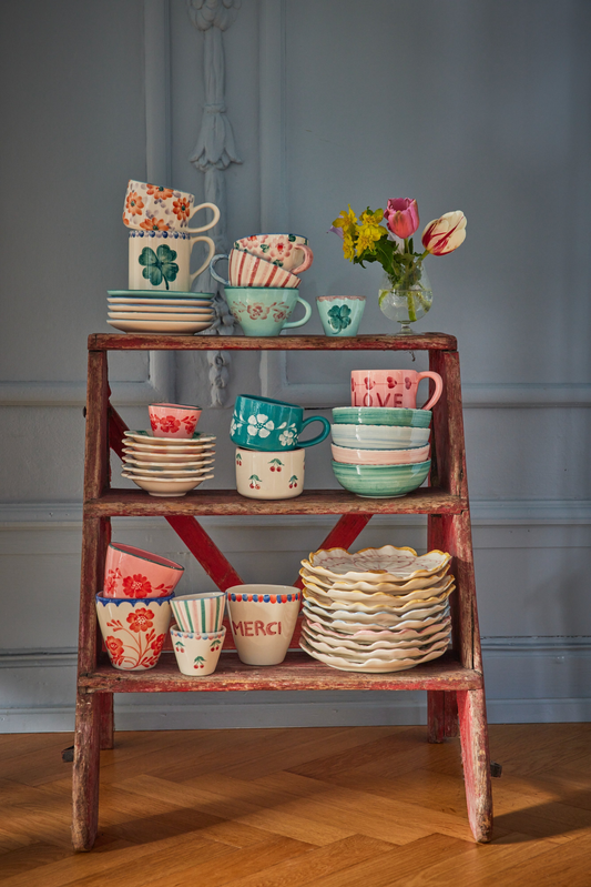 Ovalen keramieken beker - Crème - Vintage Flowers  | RICE