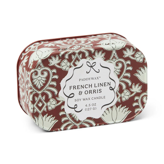 Printed tin candle - 4.5 oz - crimson & cream - french linen & orris | Paddywax