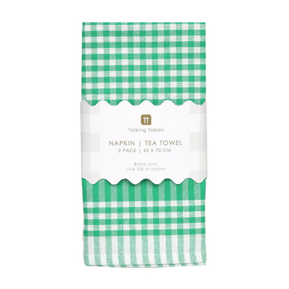 Napkin/Tea Towel - green & white gingham - pack of 2 | Talking Tables