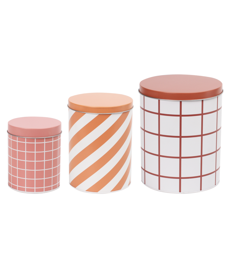 Checks & Stripes tin jar - set of 3 - pink, ochre, brown | Muurla - de inKijk