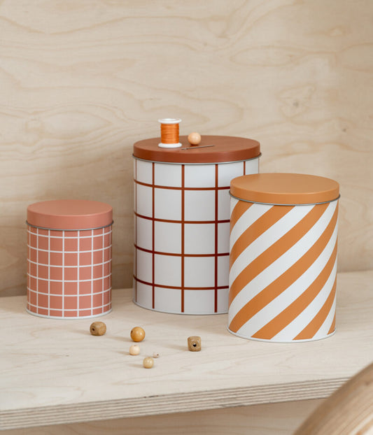 Checks & Stripes tin jar - set of 3 - pink, ochre, brown | Muurla - de inKijk