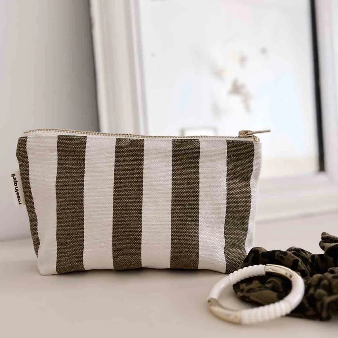 Pouch - Sofia - Greige / Olive Stripes | Rose in April
