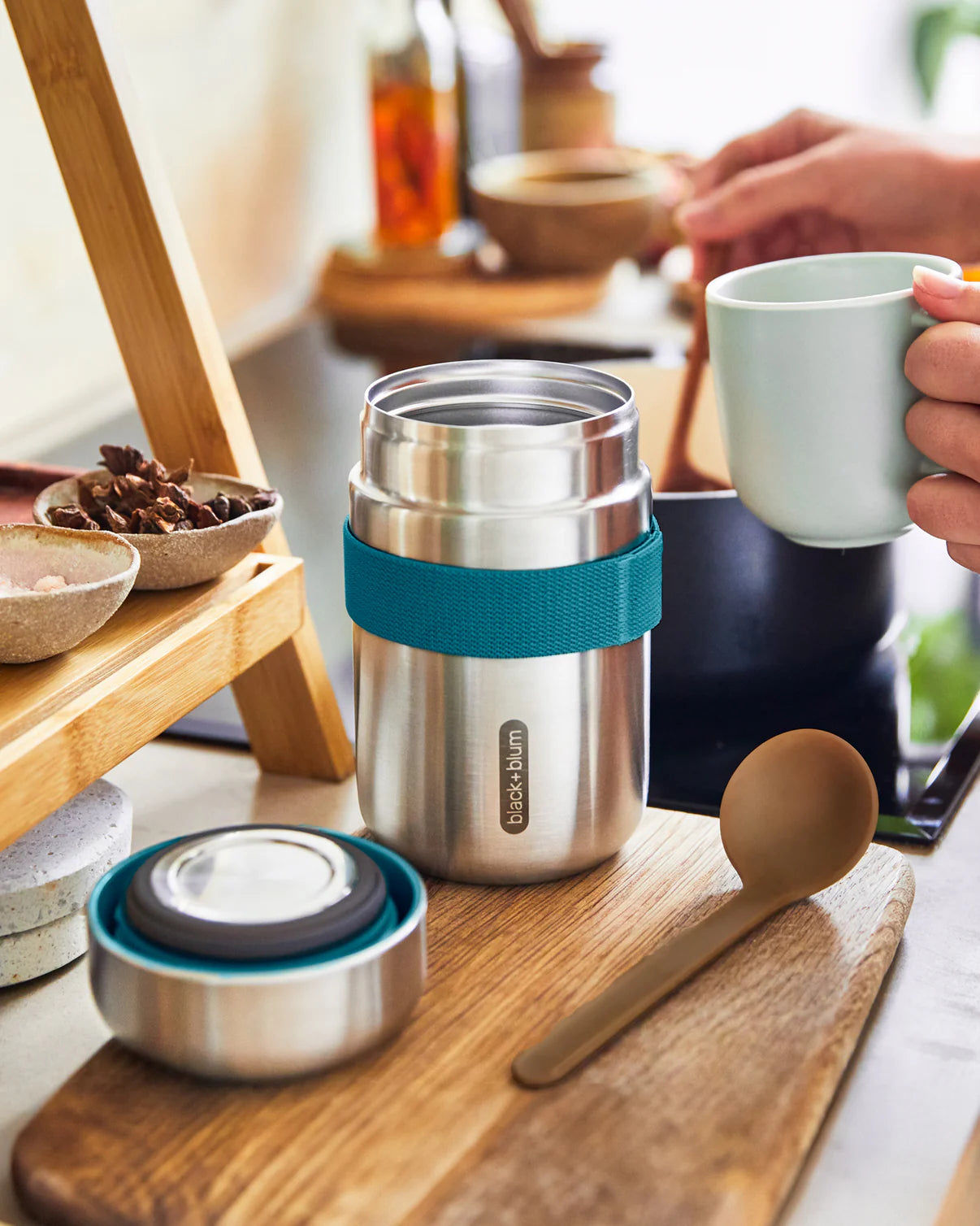 Lunchpot met lepel - oranje/groen | Black+blum