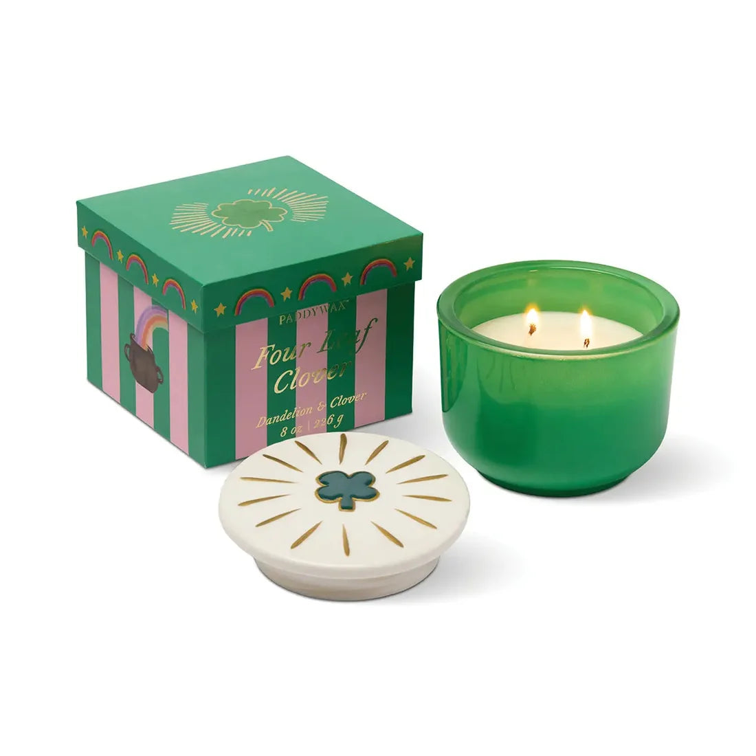 Charmed Green Glass Candle with 4 Leaf Clover Lid - Dandelion & Clover | Paddywax