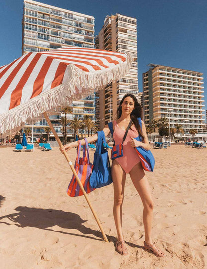 Rugzak en schoudertas in één - red/purple stripes | Notabag